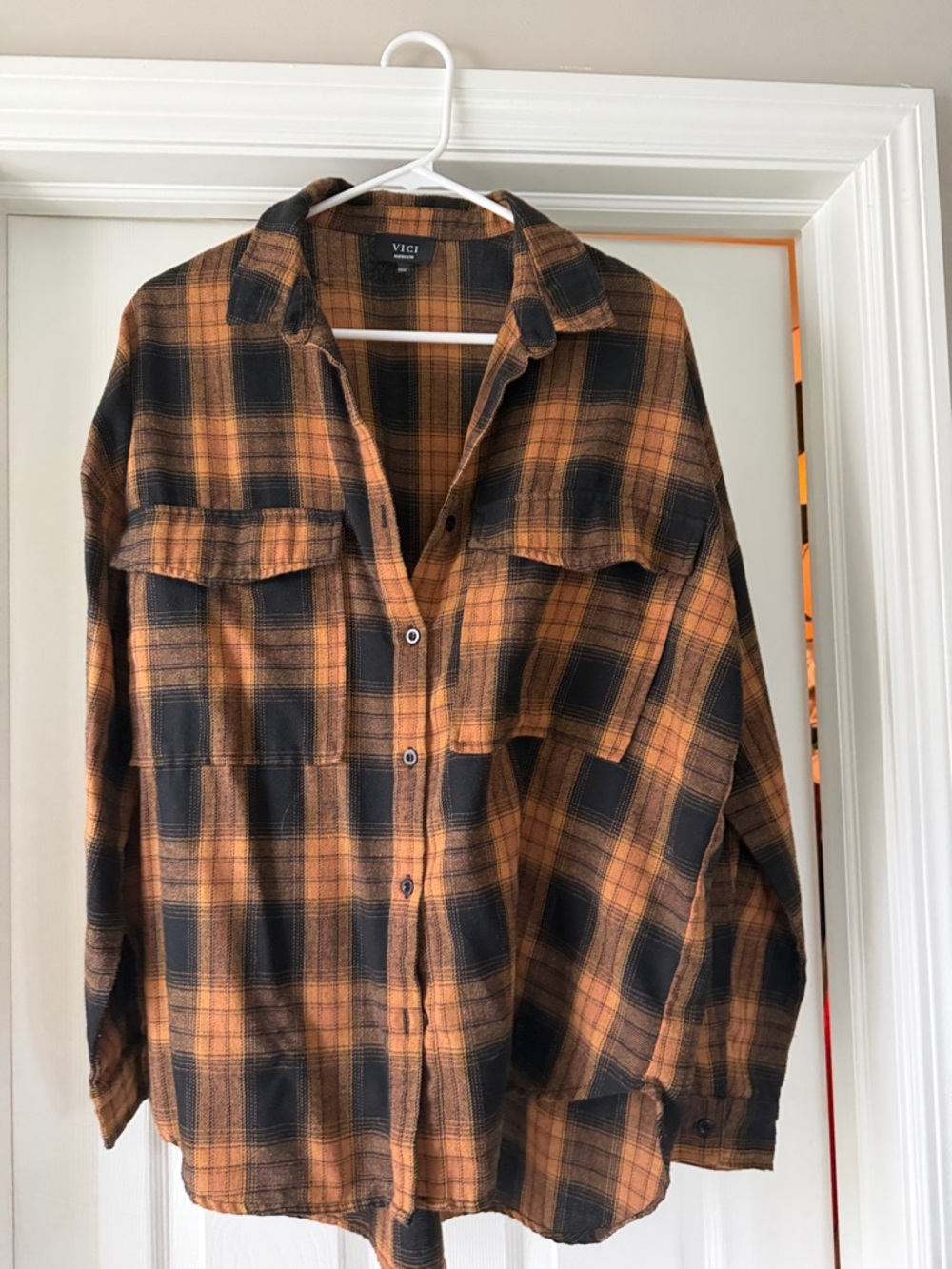 Vici Black and Orange Plaid Button-Up Shacket